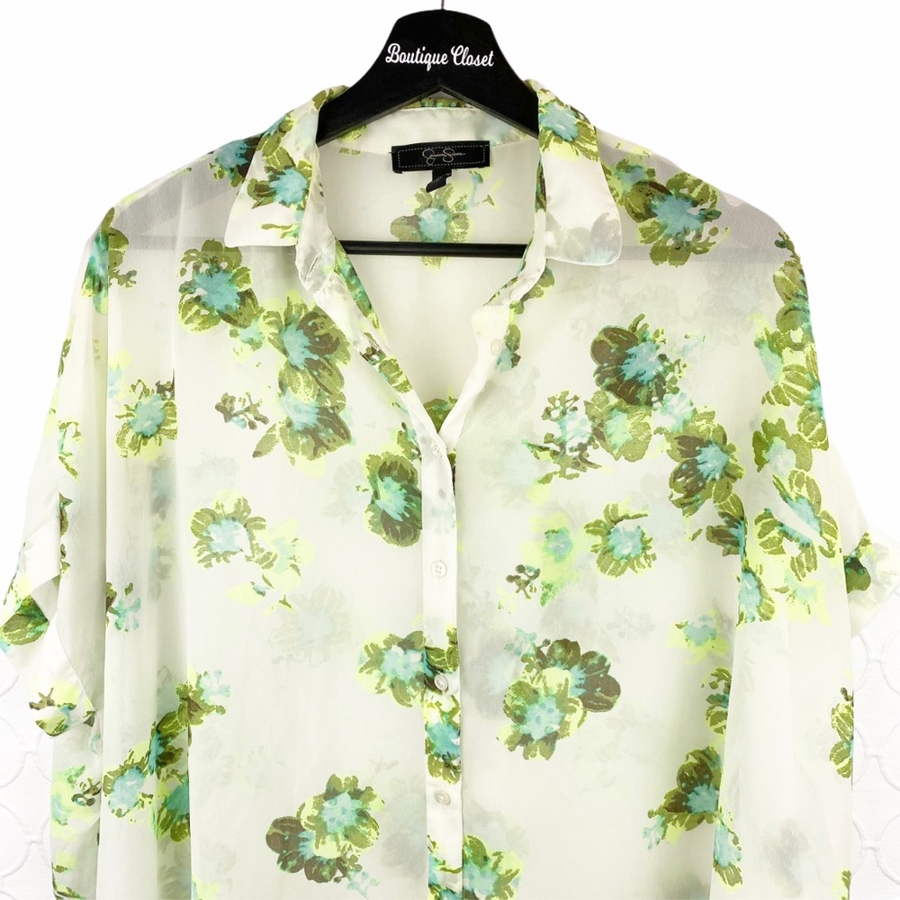 JESSICA SIMPSON Green Floral Sheer Hi/Lo Button Sm - Picture 2 of 6